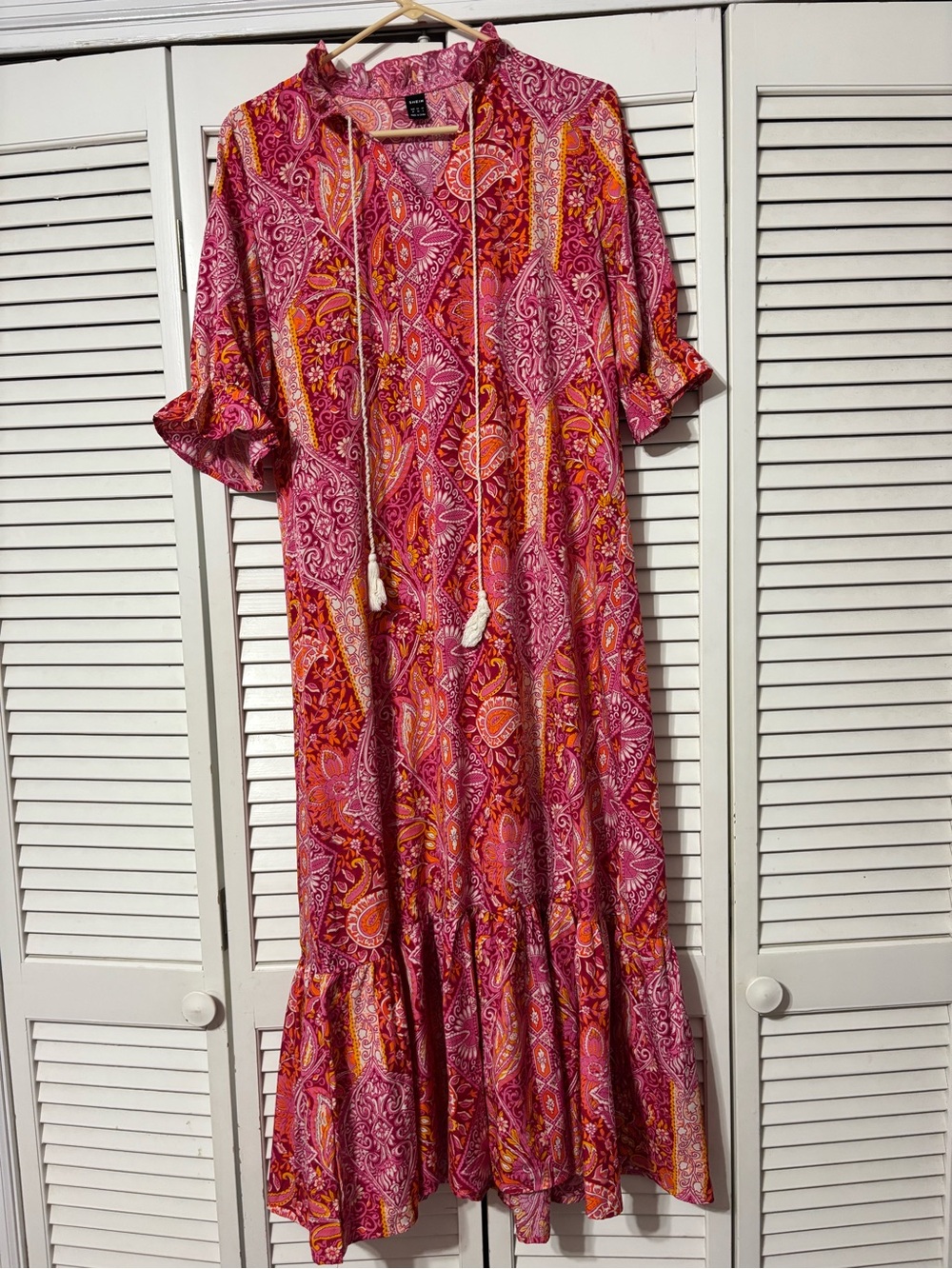 SHEIN Pink and Orange Paisley Tie-Front Maxi Dress